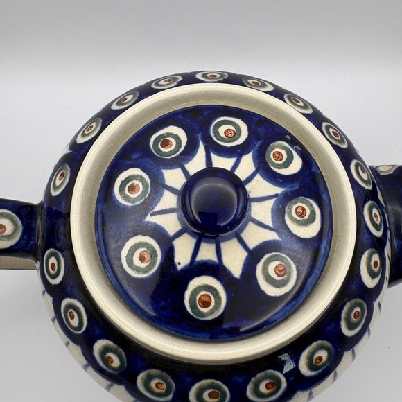Boleslawiec Polish Pottery Ceramic 7" Teapot Lid Peacock Blue Green Some Crazing - Picture 2 of 13